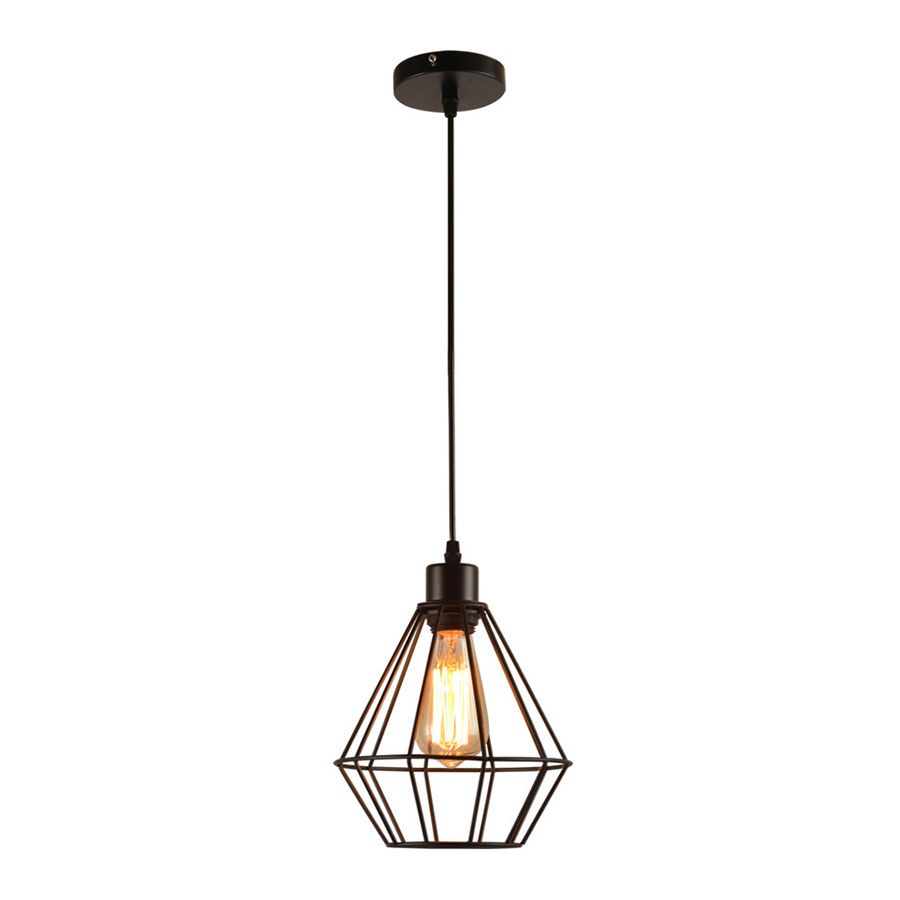 1-Light Pendant Light Fixture Modern Diamond Cage Metal Hanging Lamp in Black for Restaurant