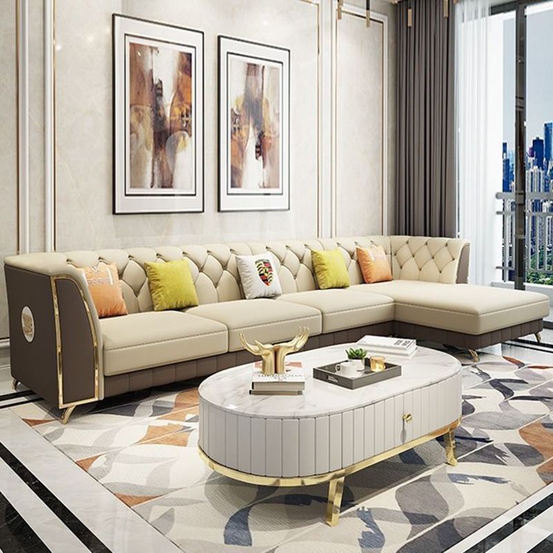 Recessed Arm Tufted Back Sectional Genuine Leather Sofa and Chaise