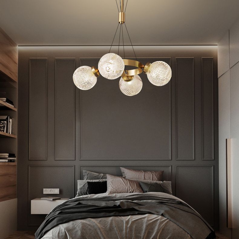 Lattice Glass Ball Chandelier Postmodern Style Brass Ceiling Light for Living Room