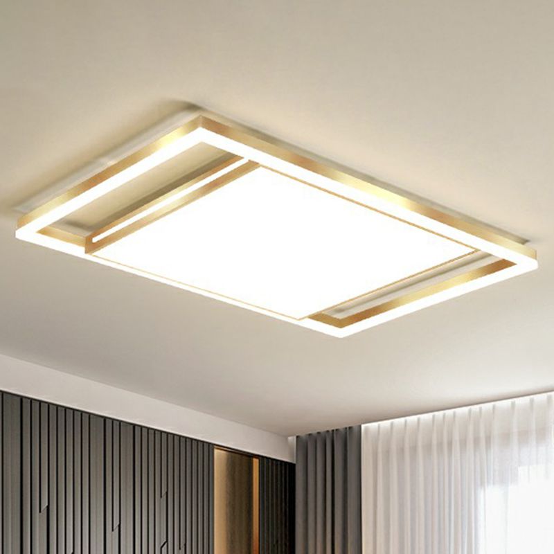 Living Room Ceiling Mounted Fixture Simple Gold Finish Flushmount Light with Rectangle Acrylic Shade