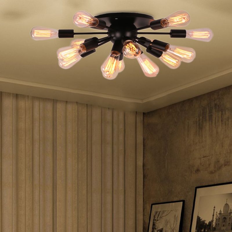 Vintage Industrial Sputnik Suspension Light Multi Light Metallic Semi Flush Ceiling Light in Black for Living Room