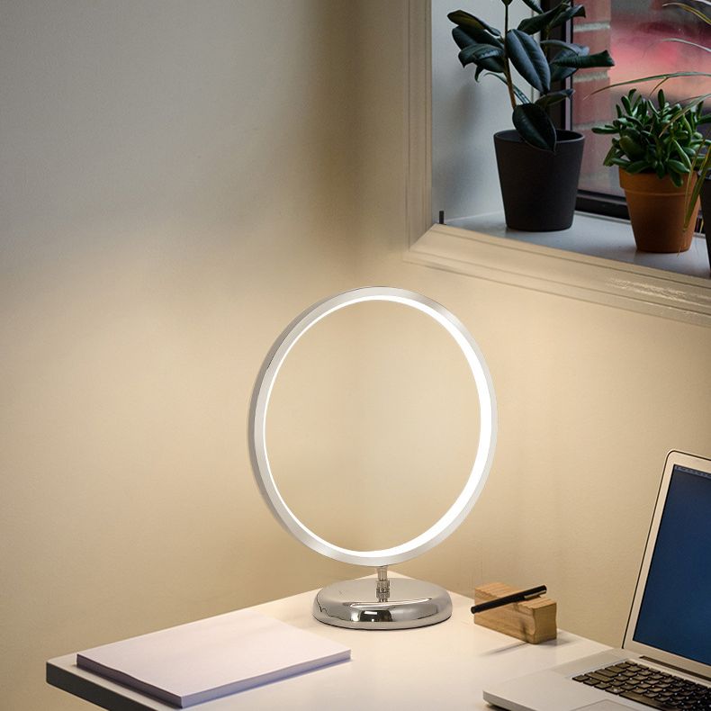 Chrome Ring Shaped Night Stand Lamp Simple Style Metal LED Table Light