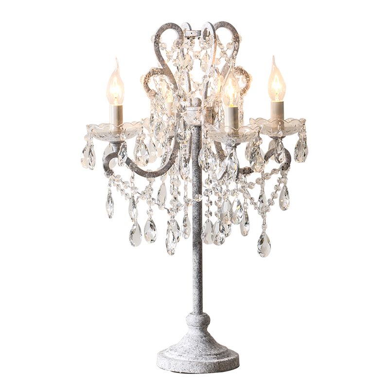 Antique Candle Nightstand Lamp 4 Heads Metallic Table Lighting with Crystal Bead Decor
