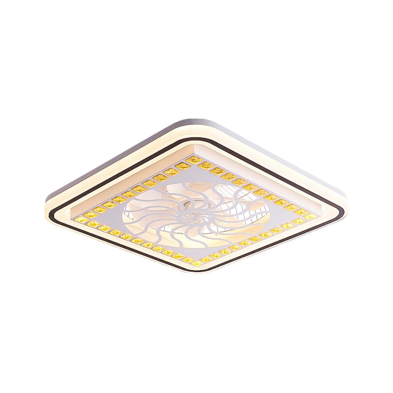 7 Blades LED Square Semi Flush Light Modern White Crystal Blocks Pendant Fan Lamp, 21.5" Wide