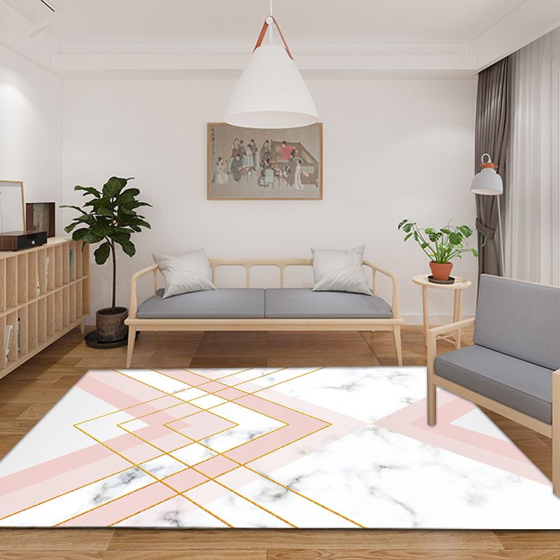 Nordic Geometric Pattern Rug Green and Pink Polyester Rug Washable Pet Friendly Non-Slip Area Rug for Living Room