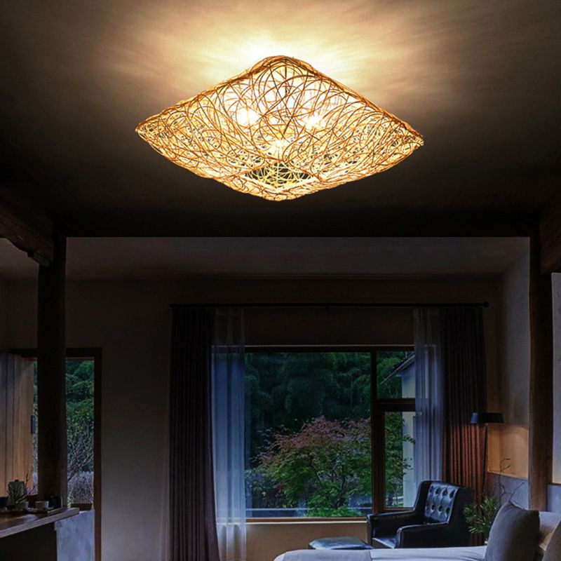 Asian Square Flush Mount Lighting 3-Light Rattan Flush Mount Ceiling Lights for Living Room