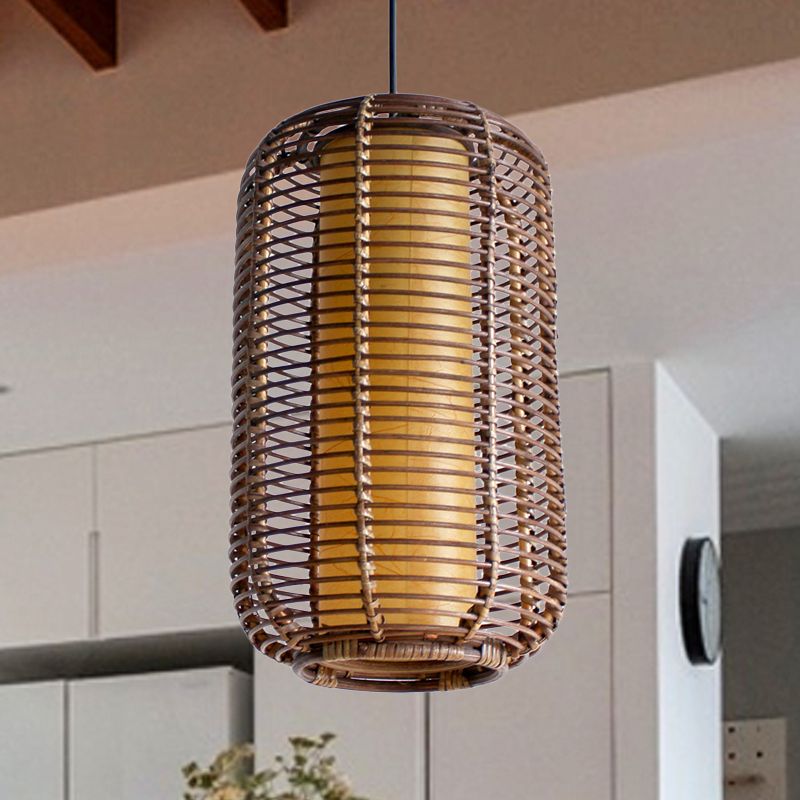 Cylindrical Pendant Light Japanese Bamboo 1 Head Suspended Lighting Fixture in Brown