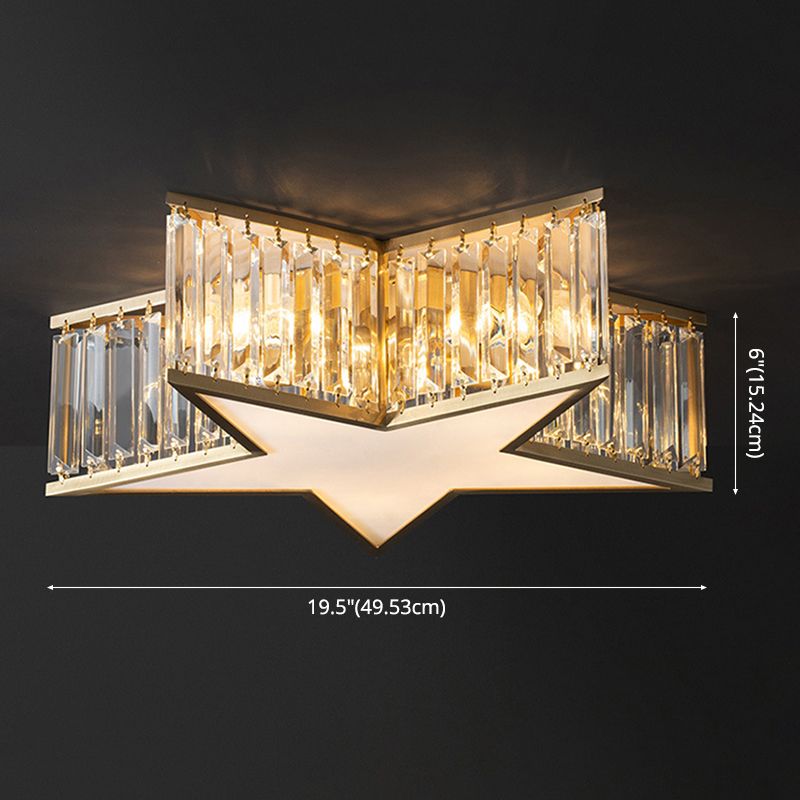 Plafonnier Gold Star de style classique colonial en cuivre à 5 lumières avec abat-jour en cristal