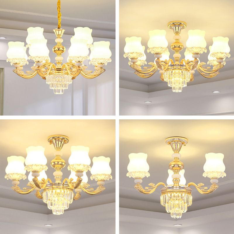 Gold Chandelier Light Retro Opal Glass Bud Pendant Light Fixture with Tiered Crystal Decor