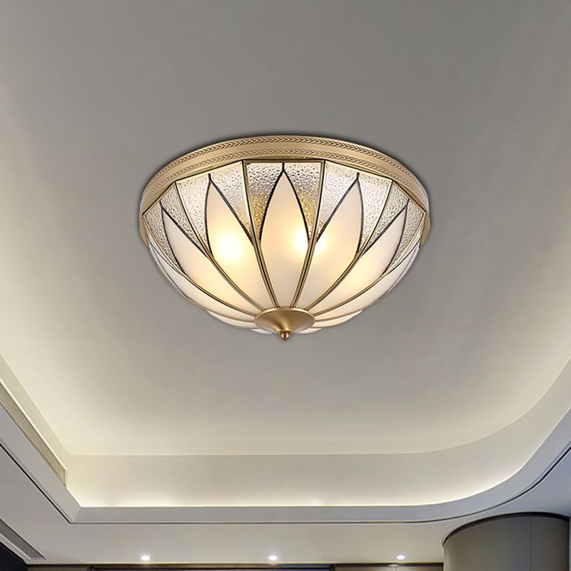 4 Lights Opal Glass Flush Mount Lighting Fixture Traditional Brass Inverted Living Room Close to Ceiling Light