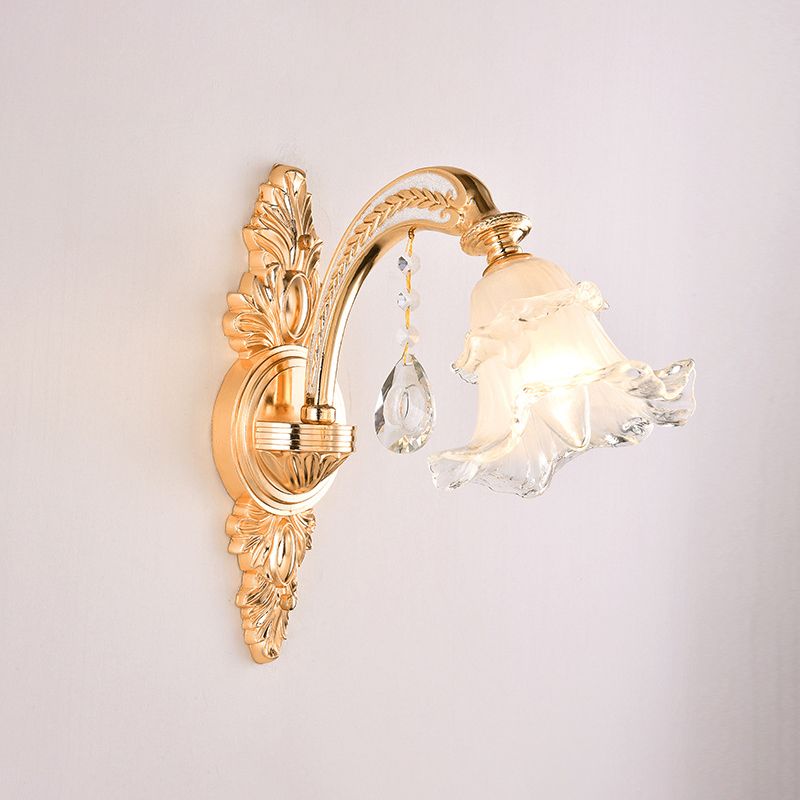 Floral Cream Glass Wall Light Fixture Vintage Living Room Wall Mounted Lamp in Gold
