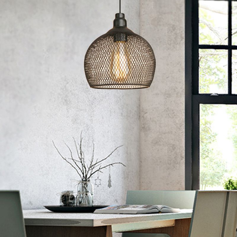 Wire Mesh Metal Pendant Lighting Industrial One Bulb Dining Room Height Adjustable Hanging Lamp in Black