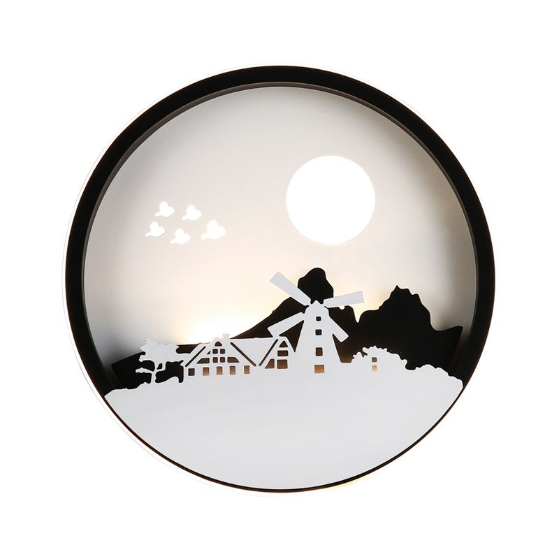 Black Round House Wall Mounted Lamp Contemporary Style LED Metallic Mural Light for Guest Room