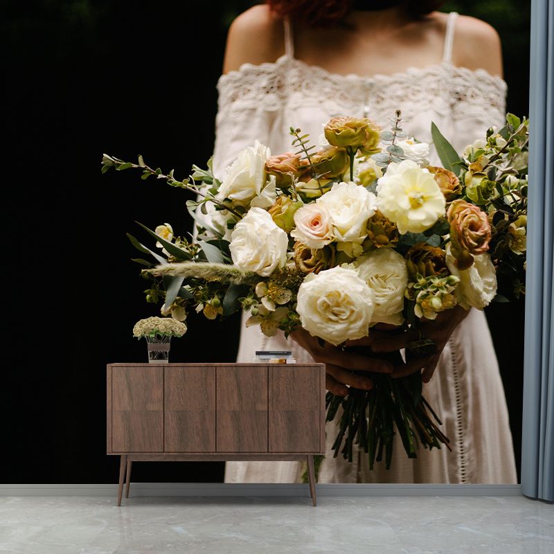 Customized Wedding Bouquet Wall Mural Horizontal Photography for Sleeping Room