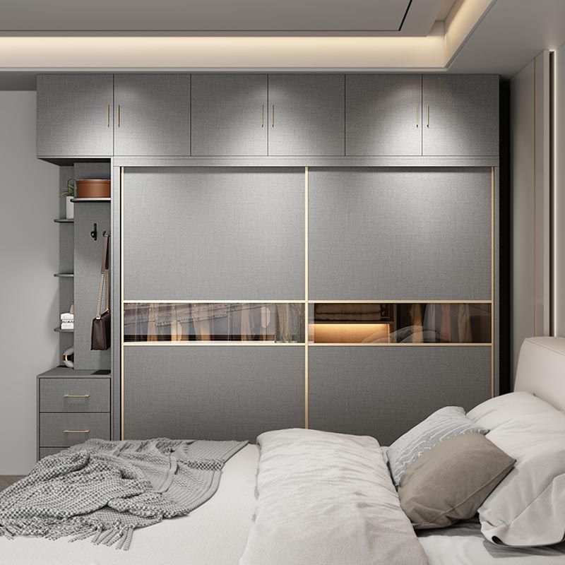 Contemporary Style Gray Colour Wardrobe Wood Self Close Drawers Wardrobe Closet