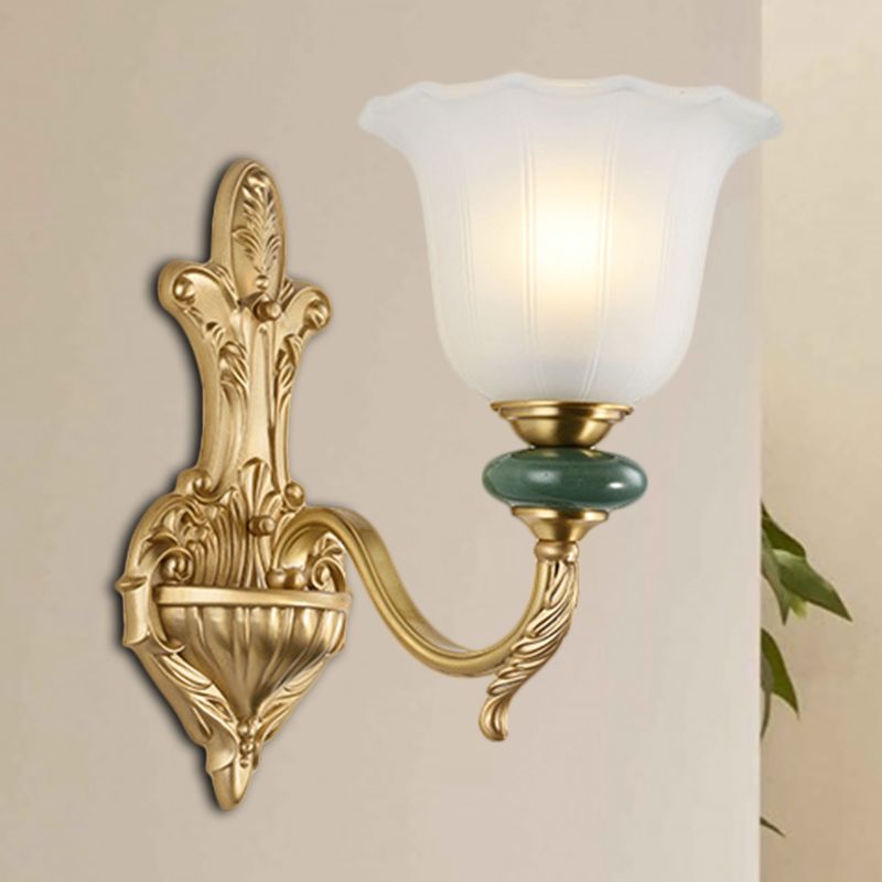 1/2-Head Bell Wall Light Sconce Vintage Style Opal Glass Wall Mount Lamp with Golden Curved Arm for Bedside