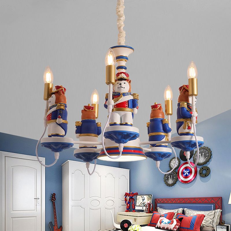 Cartoon Bear Soldier Suspension Light Resin Kindergarten Chandelier Lighting in Blue