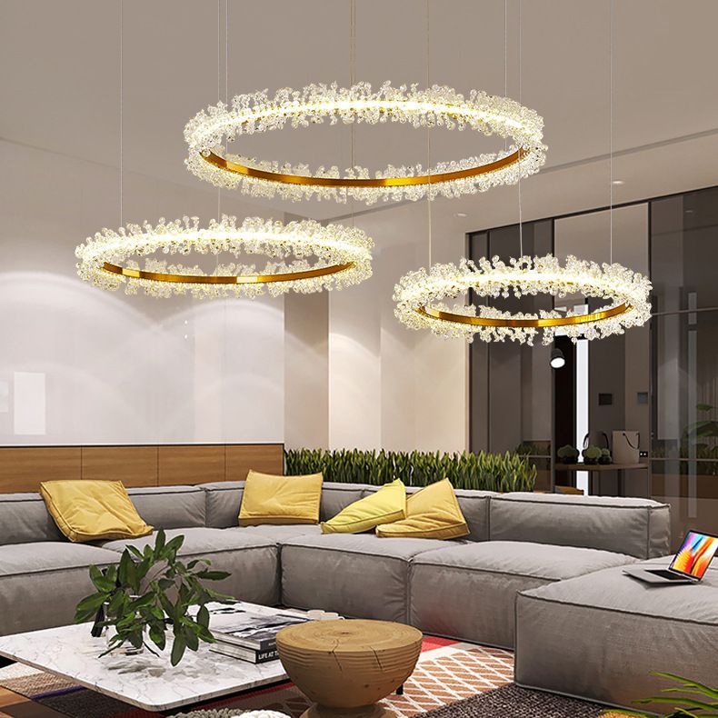 Simple Stylish Ring Pendant Chandelier Flower Crystal Living Room LED Hanging Light in Gold