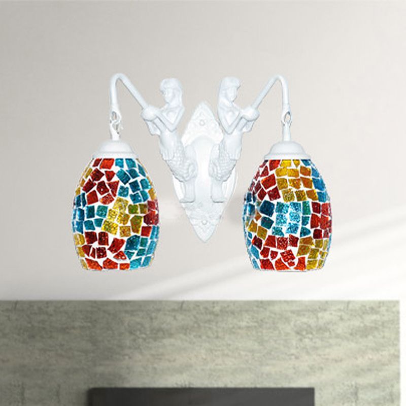 Tiffany Mermaid Wall Mount Lighting 2 Lights Stained Art Glass Sconce in Yellow/Purple/Gold with Globe Shade