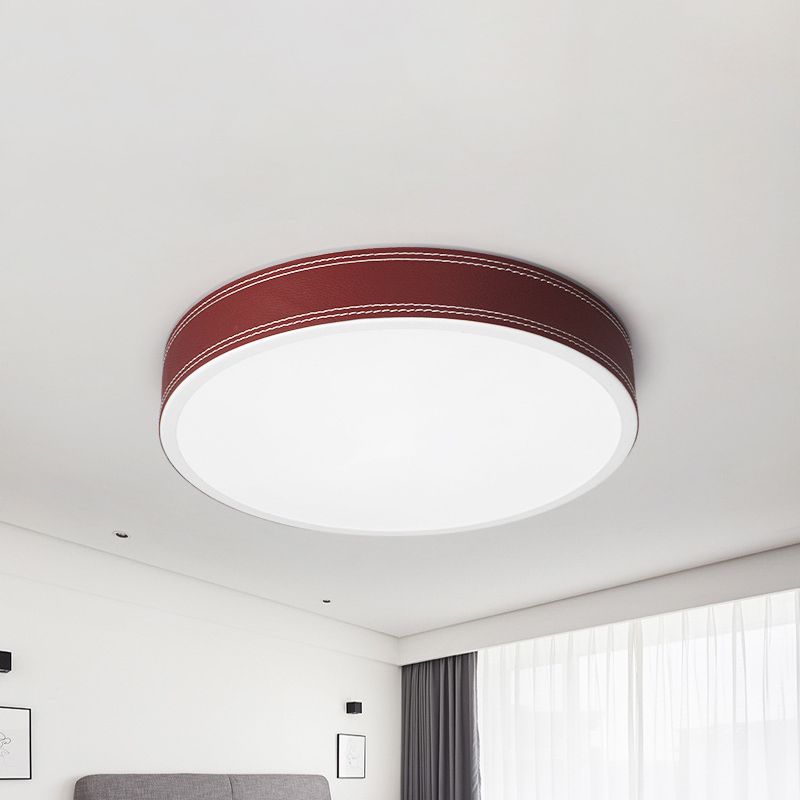 Luz de techo de disco con luz LED nórdica de montaje empotrado de cuero rojo/azul/verde para dormitorio en blanco cálido/blanco, 12 "/16"/19,5 "de diámetro