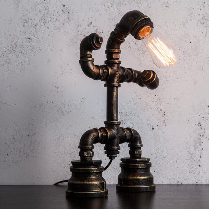 1 Light Robot Pipe Small Desk Light Rustic Black Iron Night Table Lamp with Plug-In Cord