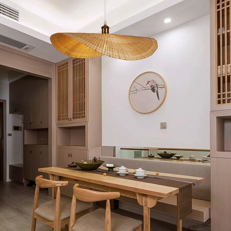Shaded Pendant Lighting Fixture Asia-Style Bamboo Beige Suspension Pendant Light