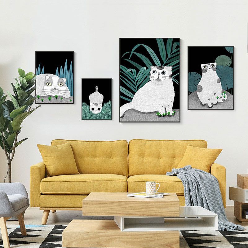 Cartoon Cat and Leave Wrapped Canvas Grey Nursery Wall Art Decor, Multiple Sizes