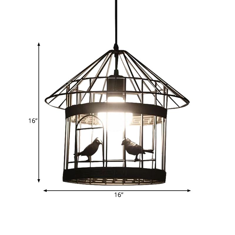 Rustic Birdcage Hanging Light 1 Head Metal Pendant Lamp in Black with Bird Decoration