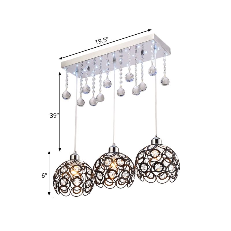 Lampe à suspension globale intégrée en cristal minimal 3 têtes luminaire multi-pendentif en noir