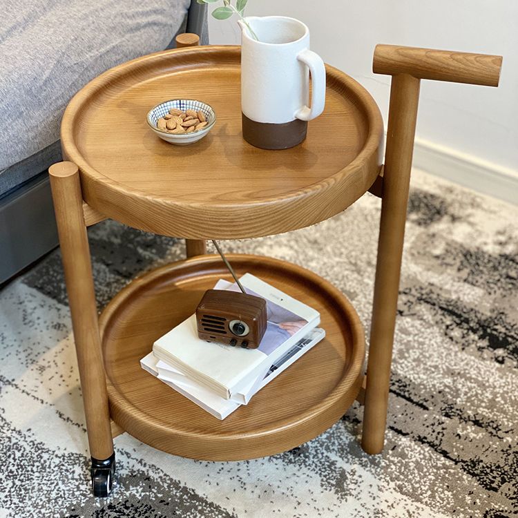 Scandinavian Round Tray Top Side Table 21.6-inch Wood End Table with Shelf and Wheel