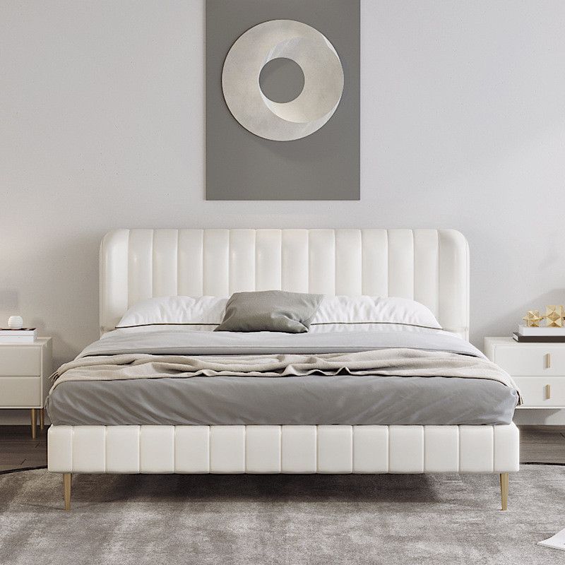 Genuine Leather Upholstered Bed Frame Cream Low Wingback Bed