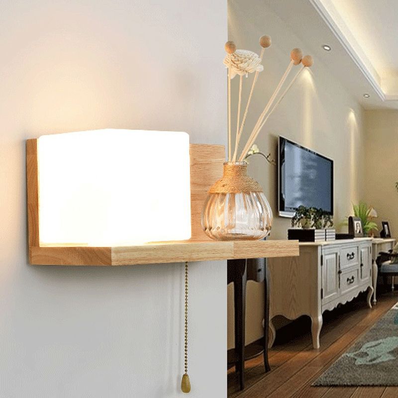Japanese Wood Wall Light Cube 12" Wide Wall Sconce with Pull Switch for Bedroom