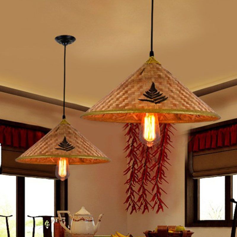 Bamboo Coolie Hat Pendant Lighting Asia Single-Bulb Wood Ceiling Hang Light for Restaurant