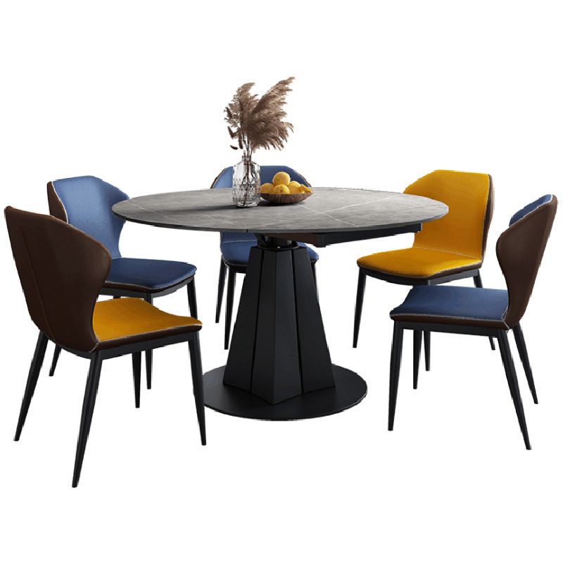 Contemporary Round Dining Table Drop-Leaf Sintered Stone Dining Table with Pedestal Base
