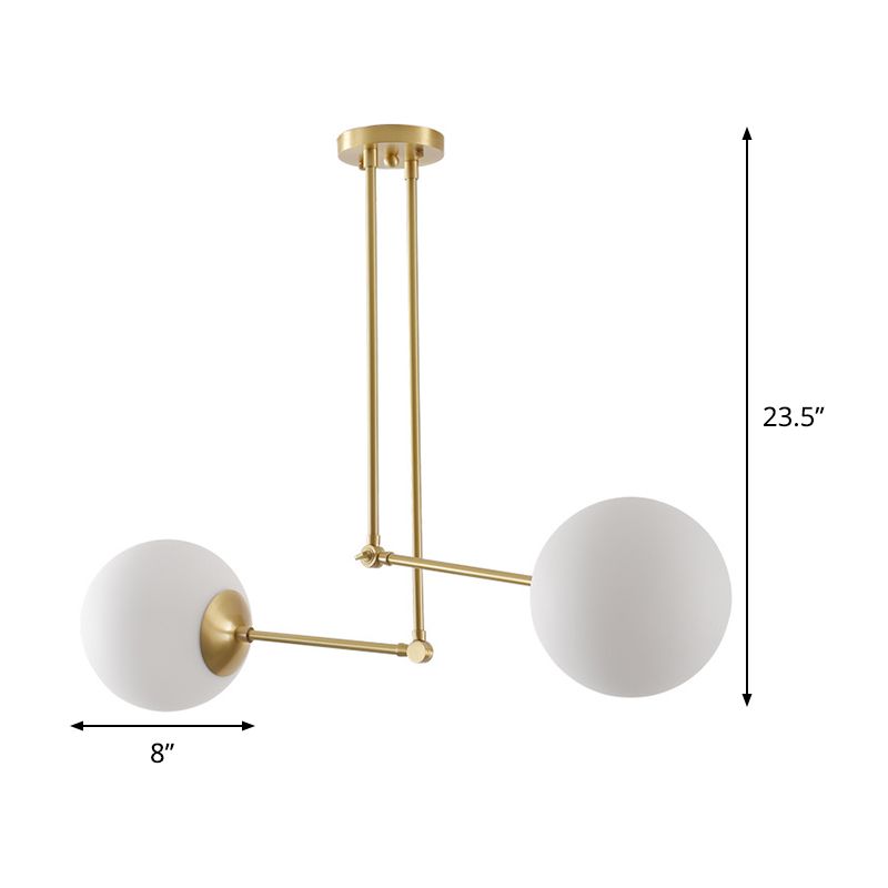 Simple Ball Multi Light Pendant White Glass 2 Heads Living Room Ceiling Lamp in Brass with Adjustable Node
