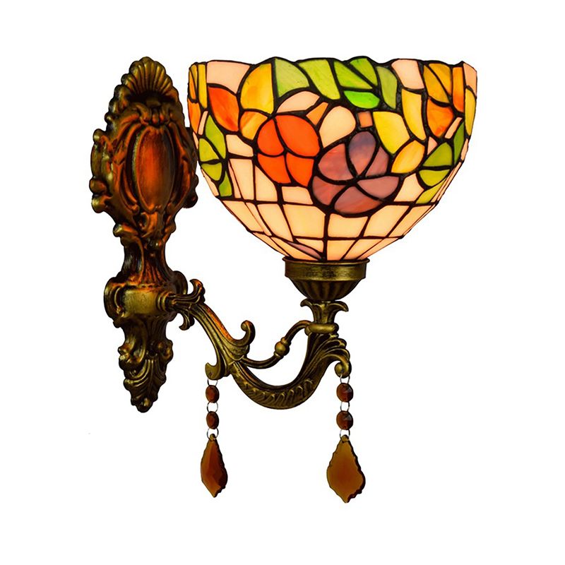 Leaf-Pattern Bowl Stained Glass Wall Lamp Tiffany 1 Head Orange/Purple/Red Wall Mounted Fixture