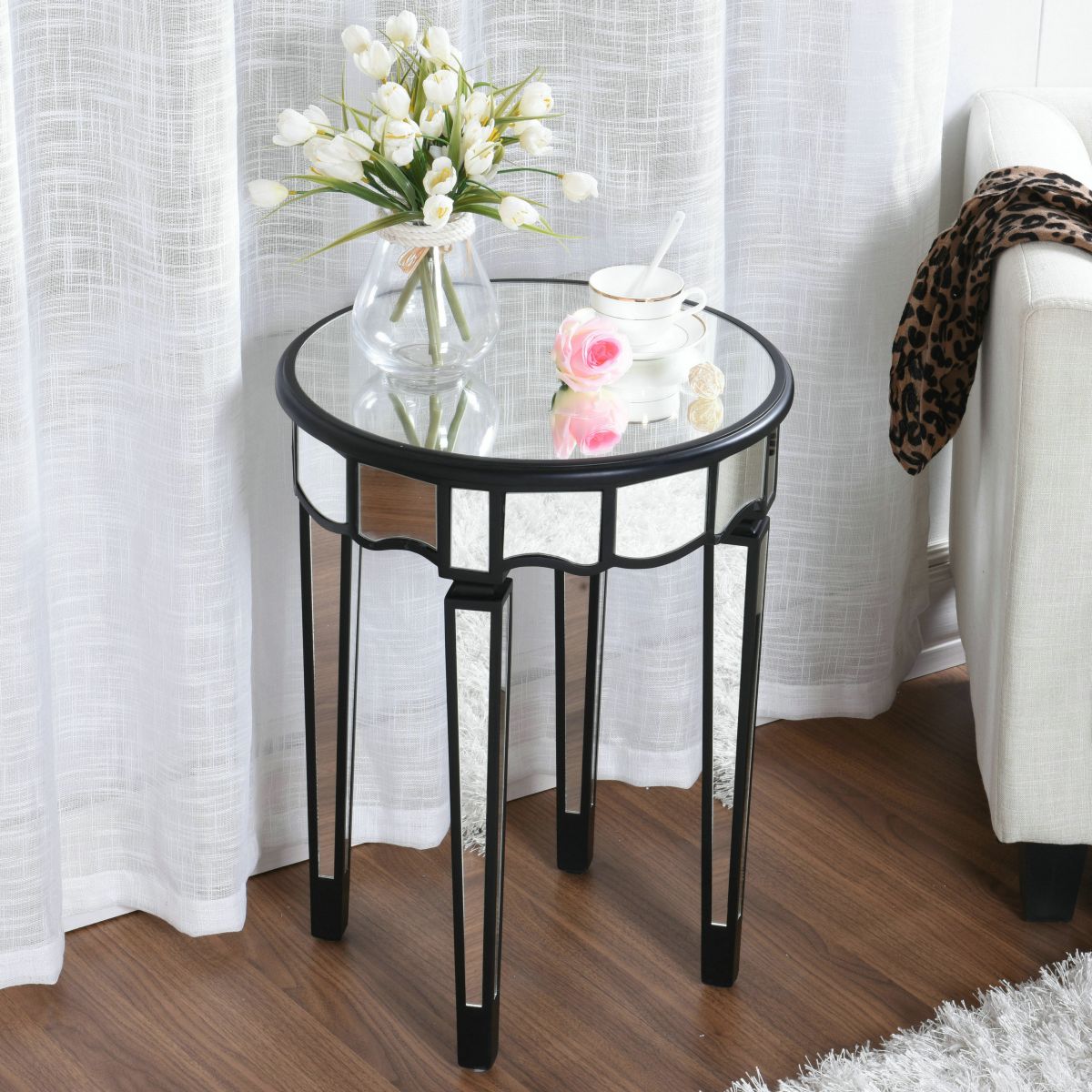 Round Glass Top Side End Table Modernistic Solid Wood 4 Legs End Table