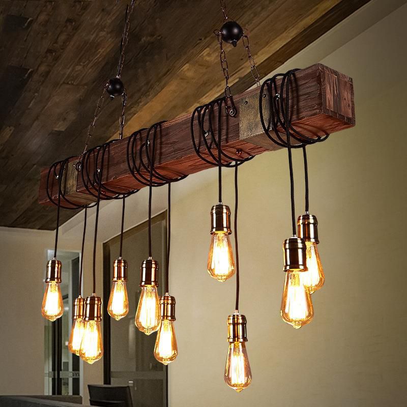 Linear Shape Pendant Light Modern Style Wood 10 Lights Hanging Lamp in Brown