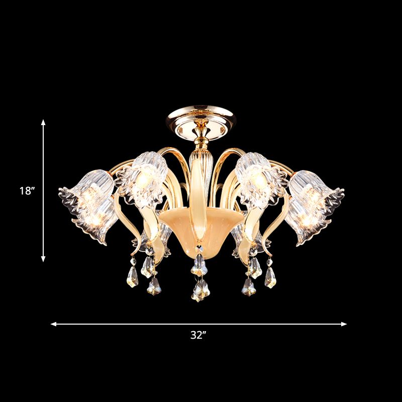 Flower Bedroom Semi Flush Mount Contemporary Crystal 8 Heads Gold Close to Ceiling Lamp
