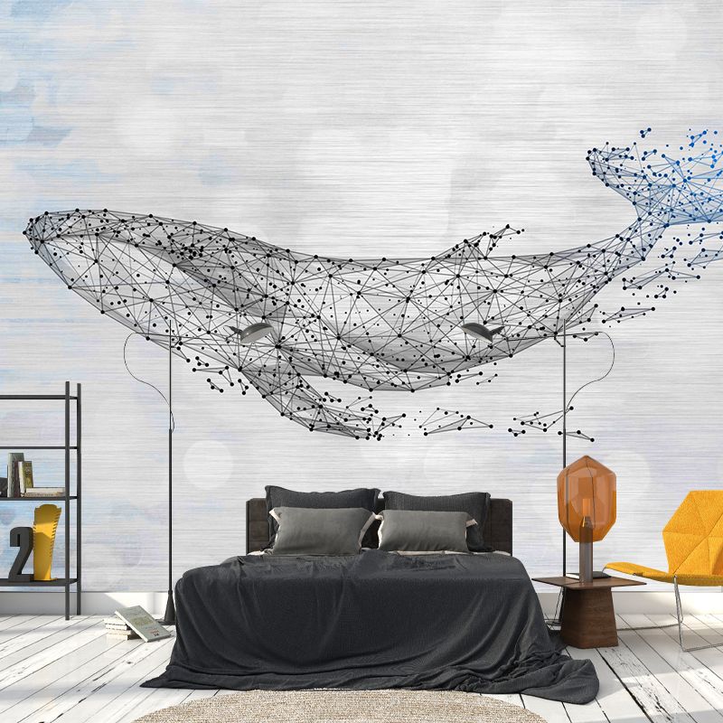 Extra Large Illustration Original Mural Wallpaper for Home Decoration with Whale Pattern in Blue and White