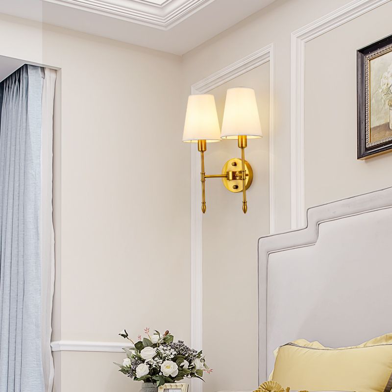 Gold Modern Metal Wall Sconce Cone Shape Wall Light with Fabric Shade for Bedroom