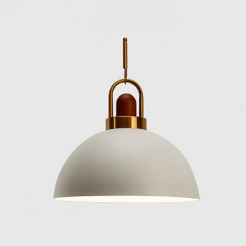 Metal Hemispherical Hanging Light Nordic Style 1 Light Restaurant Ceiling Pendant Lamp with Wooden Top