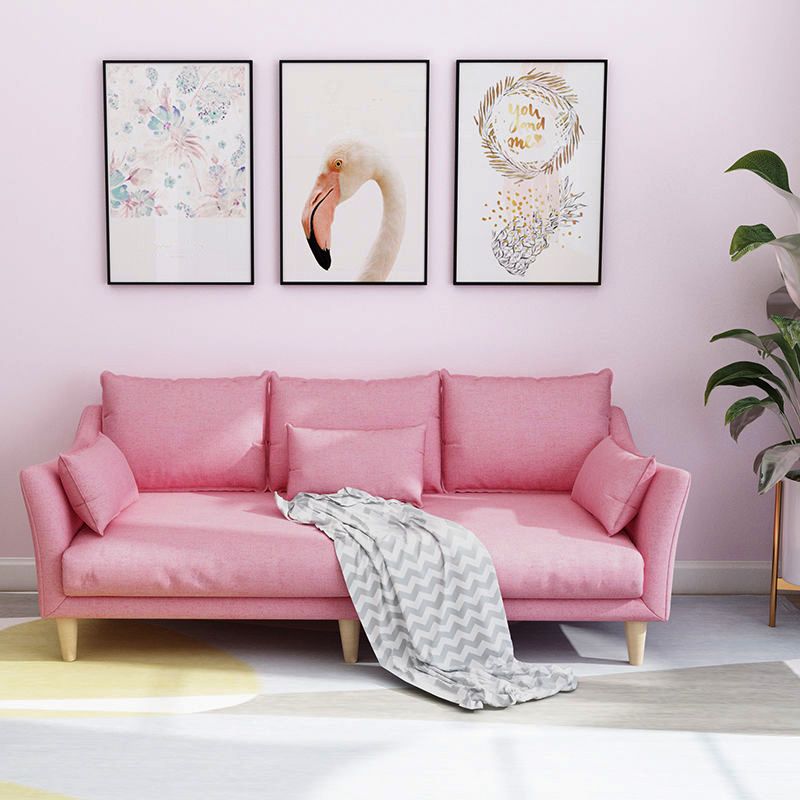 Modern Linen Sloped Arm Sofa with Bolster Pillows for Living Room
