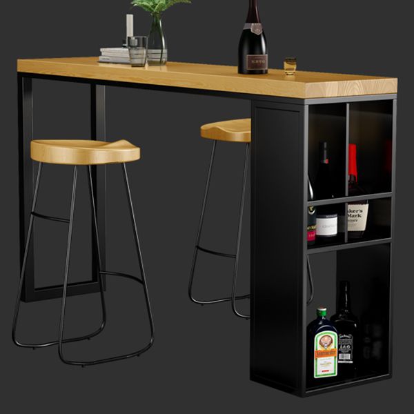 Natural Solid Wood Pub Table Pedestal Rectangle Bar Height Table with Shelves