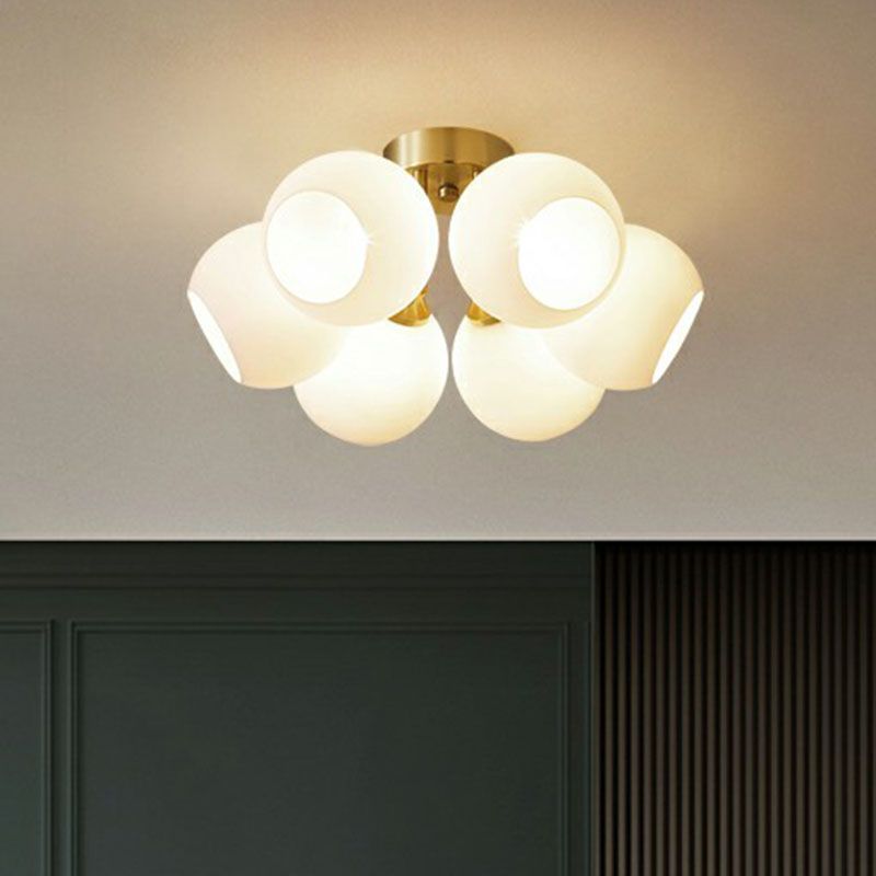 Milky Glass Dome Flush Mounted Light Postmodern Gold Plated Semi-Flush Ceiling Light for Bedroom