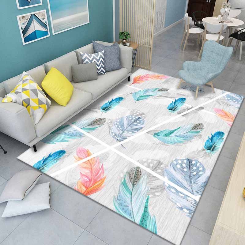 Blue Modern Area Carpet Feather Pattern Polyester Area Rug Non-Slip Backing Rug for Living Room