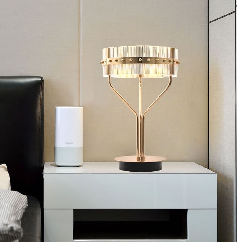 LED Cylindrical Desk Light Contemporary Beveled Crystal Night Table Lamp in Gold