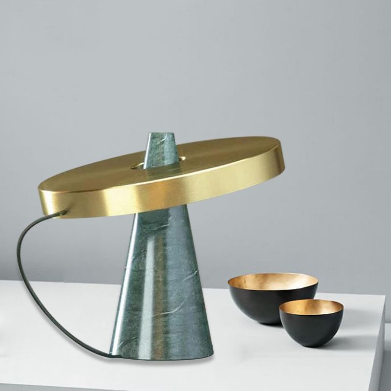 Metallic Round Panel Table Light Modern 1 Head Gold Finish Desk Lamp with Cone Aqua Marble Base