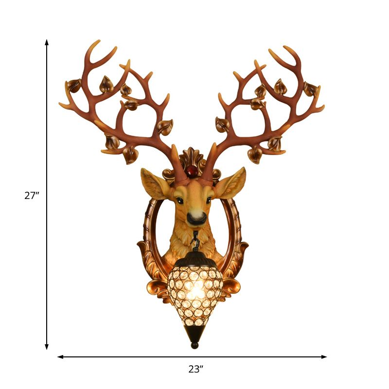 White/Brown Elk Mount Light Country Style Resin 1 Light Wall Donce con sombra de cristal para sala de estar, 19.5 "/23.5" W