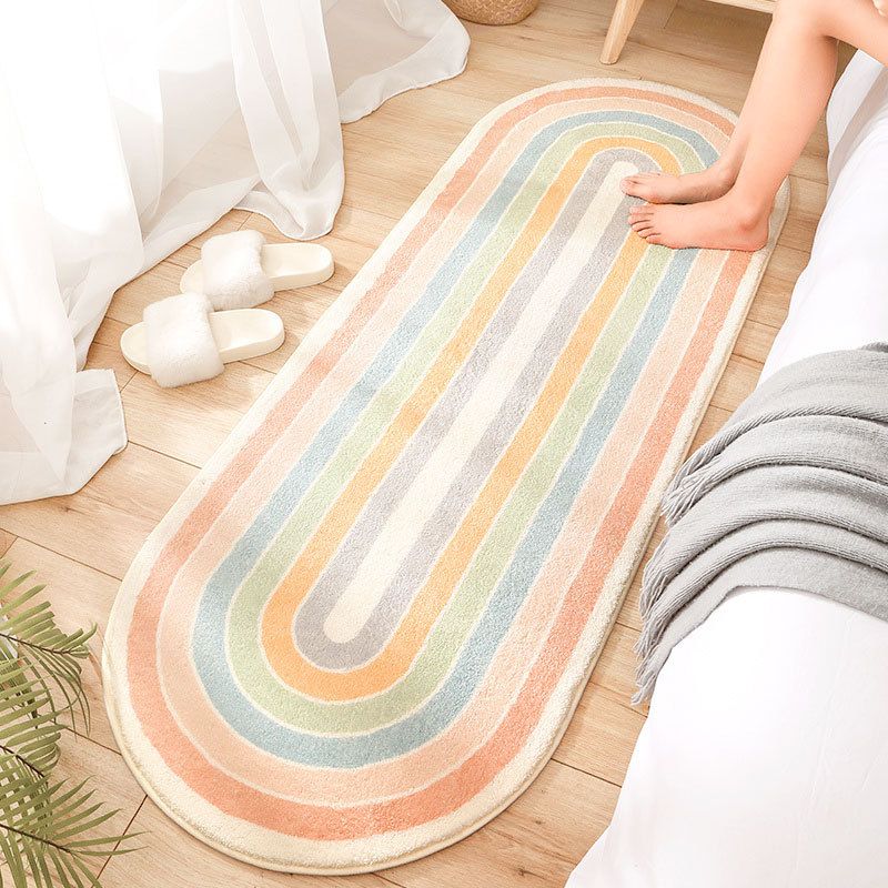 Simplicity Striped Pattern Rug Oval Polyester Carpet Pet Friendly Area Rug for Bedroom
